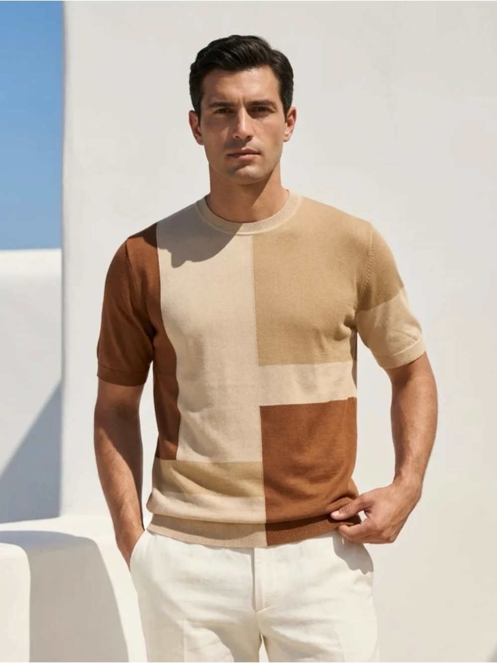 Reitmans Colorblock Short-Sleeve Knit Shirt - Beige, Brown, Cream